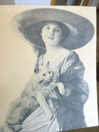 Antique Signed Print/lithograph Of Woman Large Hat Gorgeous Cat On Lap