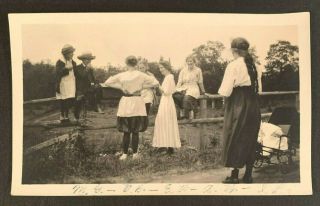 Vintage Cute Photo Kids & Women Sitting On Fence Enjoying A Day At The Farm 4603