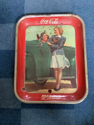 Vintage 1942 Coca Cola Coke Rectangle Tray - 2 Girls And Convertible