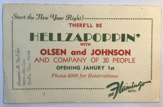 1947 Fabulous Flamingo Hotel Las Vegas Table Card Hellzapoppin Olsen & Johnson