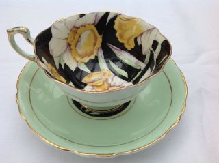 Vintage Paragon Cup & Saucer Daffodil Black Green Double Warrant