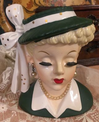 Vintage Napco Green & White Lady Head Vase With Earrings - C2633b
