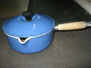 Vintage Le Creuset Blue Enamel Cast Iron 18 Wood Handle Sauce Pan France Lid