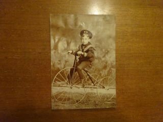 Boy On High Wheel Penny Farthing Tricycle In Sailor Suit Albumen Photo 1890s