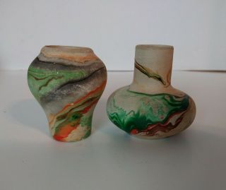 Nemadji Pottery Art Miniture Vase Green & Orange Swirl Set Of 2 2 " Southwestern