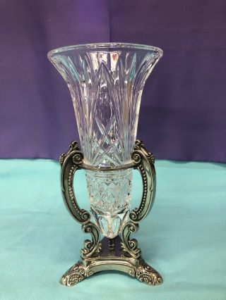 Vintage Godinger Trumpet Crystal Vase Silver Plate Metal Stand Cradle Legends