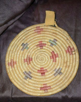 Small Alaskan Yupik Indian Seagrass Coil Basket Plaque Crosses Native American