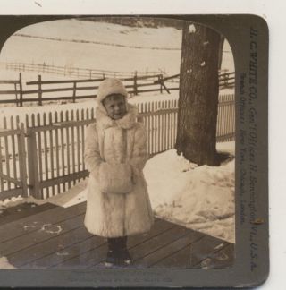 Little Girl Dressed In Fur Coat Hat & Muff In The Snow Hc White Stereoview 1904