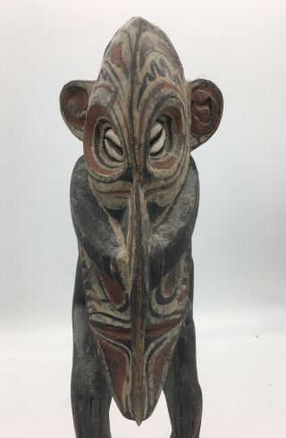 Vintage Carved Wooden African Man Demon Statue Hand Painted w Shell Eyes 13.  5 