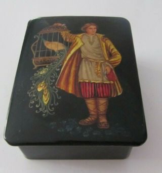Vtg Russian Lacquer Hand - Painted Wooden Box Boy With Peacock 1950 Colors.
