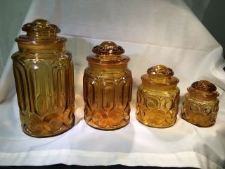 Vintage Le Smith Honey Amber Glass Apothecary Canisters Set Of Four Moon/stars
