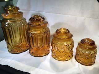 Vintage LE Smith Honey Amber Glass Apothecary Canisters Set Of Four Moon/Stars 2