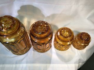 Vintage LE Smith Honey Amber Glass Apothecary Canisters Set Of Four Moon/Stars 3