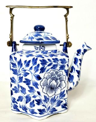 Vintage Thailand Blue & White Floral Porcelain Teapot W/solid Brass Handle 7.  25 "