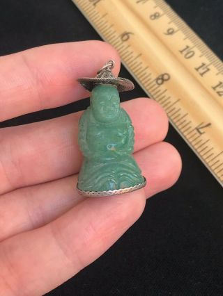 Vintage Chinese Sterling Silver Filigree Carved Green Jade Buddha Pendant