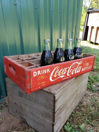 Vintage Early Red Wooden Coca Cola Soda Crate Carrier 24 Pack W Glass Bottles