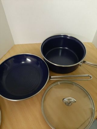 Vintage Chantal Cobalt Blue Enamel On Steel Saucepan 2 Qt W/ Lid & 9.  5 " Fry Pan