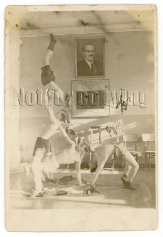 1930s Soviet Men Guy Athlete Acrobatic Pyramid Shirtless Molotov Russian Photo