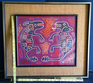 Mola Kuna Panama Reverse Applique Folk Art Lizards Framed Burlap - Nonprofit Org