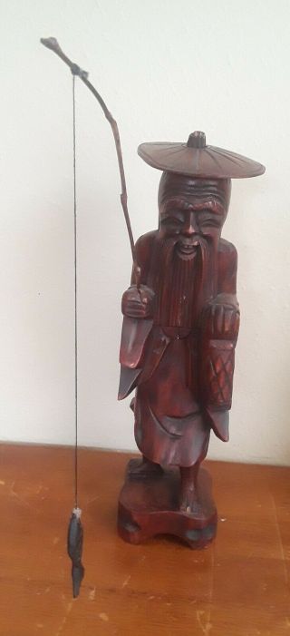 Vintage Chinese Hand - Carved Wood Fisherman,  Fishing Pool - 10.  5 "