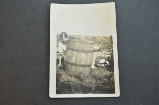 Unusual Vintage Photo Boy & Girl In Rain Barrel 925044