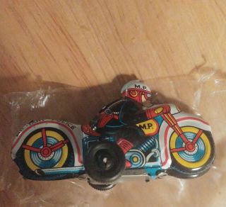 Vintage Small Lithographed Tin Mp Motorcycle Rider Friction Toy 3 - 1/2 " Tn Japan