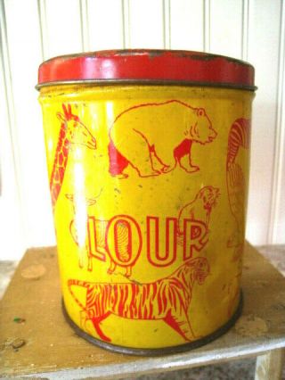 Vtg Toy Tin Metal Flour Canister Childs Kitchen With Animals - Red & Yellow