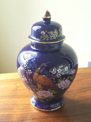 8 " Japanese Cobalt Blue Gold Peacock Pink Floral Porcelain Ginger Jar Urn & Lid
