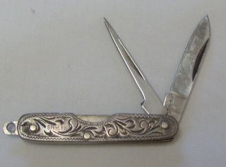 Vintage Miniature Sterling Silver Embossed Design Pocket Knife With Japan Blades