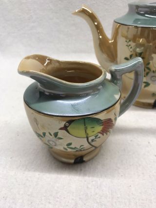 Nippon Japanese Porcelain Lusterware 3 Piece Tea Set Handpainted Bird Vintage 2