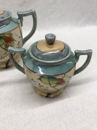 Nippon Japanese Porcelain Lusterware 3 Piece Tea Set Handpainted Bird Vintage 3