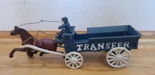 Hubley Kenton Vintage Cast Iron Horse Drawn Blue White Transfer Cart Wagon 2