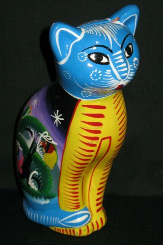 Mexican Alebrije Folk Art Cat Figurine Coin Bank Hand Painted Clay Terracotta