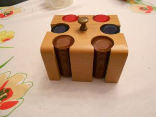 Vintage Poker Chip Set With Wooden Caddy Holder Brown,  Black And Red Chips