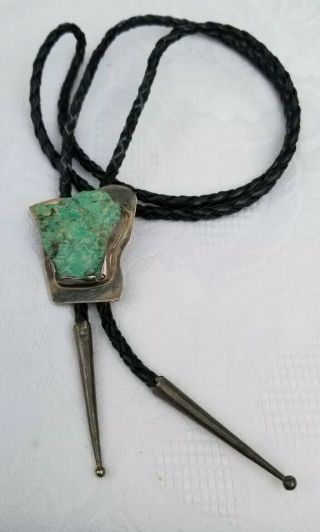 Vtg Navajo Native American Sterling Silver 925 Turquoise Bolo Tie Lthr Necklace