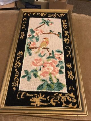 Vintage Needlepoint Tapestry Birds Framed Asian