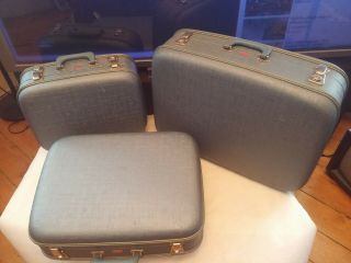 Vtg Set Of 3 Blue Bright Bel - Air Canada Hardshell Suitcase Luggage Case W/key