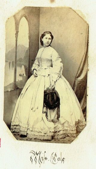 Victorian Cdv Type Photo Young Woman Miss Cole Standing Holding Hat
