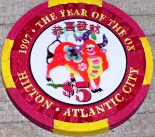 $5 Ltd Edt Year Of The Ox 1997 Gaming Chip From The Hilton Casino Atlantic City