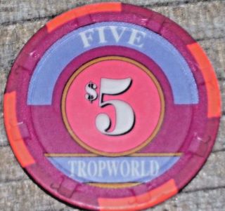 $5 GAMING CHIP FROM THE SHORT LIVED TROPWORLD CASINO IN ATLANTIC CITY 2