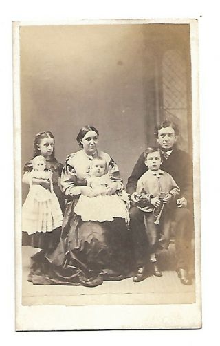 Cdv Photograph Of A Victorian Family Girl Holding A Doll Boy Holding A Trumpet