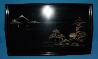 Vintage Japanese Black Lacquer Serving Tray Mount Fuji Across The Water