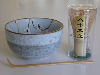Japanese Tea Ceremony Matcha Bowl,  Bamboo Scoop/80 Whisk Ume Blossom Pattern Set
