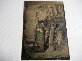 Antique Tintype Photo Man With Top Hat And Cane And Lady In A Dress