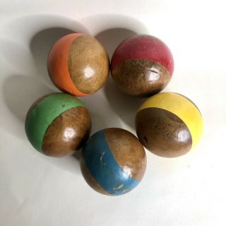 5 Vintage Wooden Croquet Balls W/ Stripes Old Lawn Game Decorative