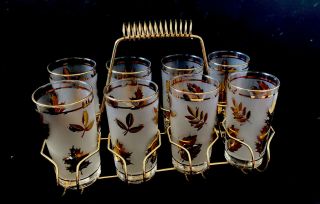 Vntg Libbey Gold Leaf Drinking Tumbler Glass Bar Set Of 8 Metal Caddy Mcm 10 Oz