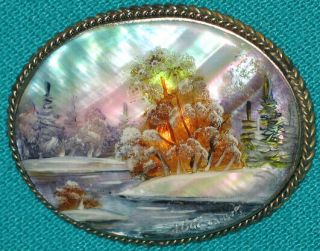 Wonderful Late Autumn Russian Hand Painted Mother - Of - Pearl Brooch