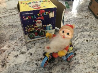 Mechanical Tin Wind Up Toy Santa Tricycle Merry Christmas,  Japan Pat ’s W/ Box