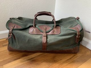 The Orvis Company Vintage Green Canvas Brown Leather Trim Duffle Bag 24x12x13
