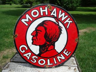 Vintage 1950s Mohawk Oil & Gasoline Porcelain Enamel Gas Pump Sign Indian Chief